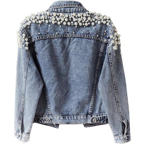 Women's Embroidered Rivet Pearl Short Denim Jacket Coat Blue - Picture 2 of 6